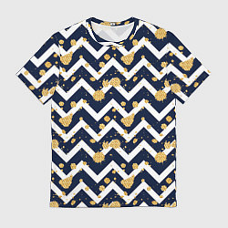 Футболка мужская Золотые кляксы на фоне бело-синего паттерна, цвет: 3D-принт