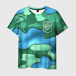 Футболка мужская Зелено-голубой камуфляж и герб РФ, цвет: 3D-принт