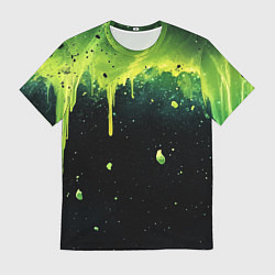 Футболка мужская Зеленая стекающая краска по черному фону, цвет: 3D-принт