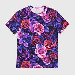 Футболка мужская Разноцветные цветы - синие розы паттерн, цвет: 3D-принт