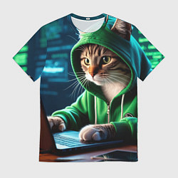 Футболка мужская Котенок хакер за ноутбуком, цвет: 3D-принт