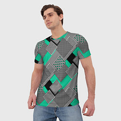Футболка мужская Черно бирюзовая абстрактная геометрия пэчворк, цвет: 3D-принт — фото 2