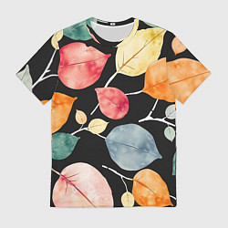 Футболка мужская Разноцветные акварельные листья на чёрном, AI, цвет: 3D-принт