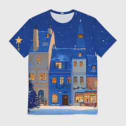 Футболка мужская Синяя новогодняя елочка во дворе, цвет: 3D-принт