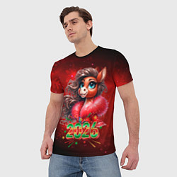 Футболка мужская Уютный Новый год с огненной лошадью, цвет: 3D-принт — фото 2