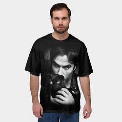 Футболка оверсайз мужская Деймон Сальваторе с котом, цвет: 3D-принт — фото 2