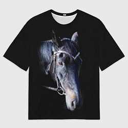 Футболка оверсайз мужская Конь вороной на черном, цвет: 3D-принт