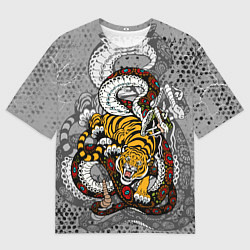 Футболка оверсайз мужская Змея и ТигрTiger Snake Fight, цвет: 3D-принт