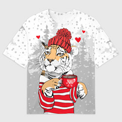 Футболка оверсайз мужская Тигр с чашкой кофе, цвет: 3D-принт
