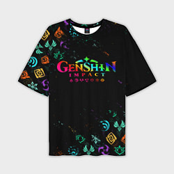 Мужская футболка оверсайз GENSHIN IMPACT NEON LOGO RAINBOW STYLE, ЭМБЛЕМЫ