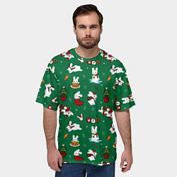 Футболка оверсайз мужская Новогодний паттерн с зайчиками, цвет: 3D-принт — фото 2