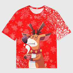 Футболка оверсайз мужская НОВОГОДНИЙ ОЛЕНЬ И ЧАШКА КОФЕ, цвет: 3D-принт