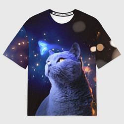 Футболка оверсайз мужская КОТ И ГОЛУБАЯ БАБОЧКА, цвет: 3D-принт