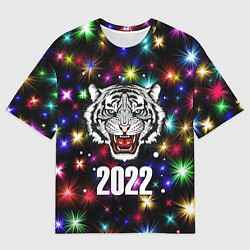 Футболка оверсайз мужская БЕЛЫЙ ТИГР 2022 И НОВОГОДНИЕ ОГНИ, цвет: 3D-принт