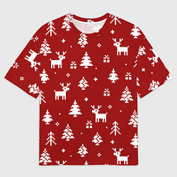 Мужская футболка оверсайз Новогодние олени и елки на красном фоне