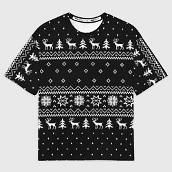 Футболка оверсайз мужская ЧЁРНЫЙ НОВОГОДНИЙ СВИТЕР С ОЛЕНЯМИ 2022, цвет: 3D-принт