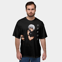 Футболка оверсайз мужская Токийский Гуль снимает маску Иероглифы, цвет: 3D-принт — фото 2
