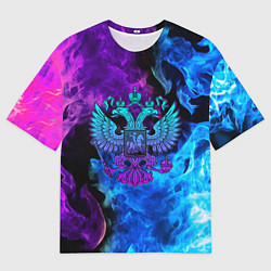 Футболка оверсайз мужская НЕОНОВЫЙ ГЕРБ РОССИИ ОГОНЬ NEON FIRE, цвет: 3D-принт