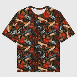 Мужская футболка оверсайз Кастеты, Пистолеты, Розы, Сердечки