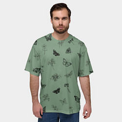 Футболка оверсайз мужская Цветочки и бабочки на зеленом фоне, цвет: 3D-принт — фото 2