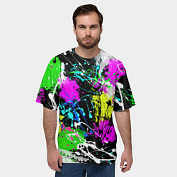Футболка оверсайз мужская Разноцветные пятна краски на черном фоне, цвет: 3D-принт — фото 2
