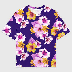 Футболка оверсайз мужская Цветы Розовые Гибискус и Оранжевые Ирисы На Синем, цвет: 3D-принт