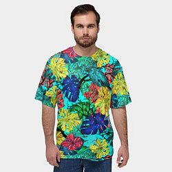 Футболка оверсайз мужская Тропические растения на бирюзовом фоне, цвет: 3D-принт — фото 2
