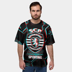 Футболка оверсайз мужская Sporting FC в стиле Glitch на темном фоне, цвет: 3D-принт — фото 2