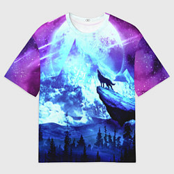 Футболка оверсайз мужская Волк, луна, скала, цвет: 3D-принт
