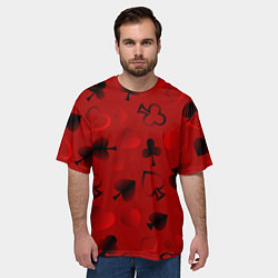 Футболка оверсайз мужская Карты карточные масти на красном фоне, цвет: 3D-принт — фото 2