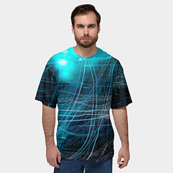 Футболка оверсайз мужская Неоновые волны и линии - Голубой, цвет: 3D-принт — фото 2