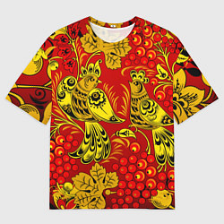 Футболка оверсайз мужская Хохломская Роспись Две Птици На Красном Фоне, цвет: 3D-принт