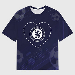 Футболка оверсайз мужская Лого Chelsea в сердечке на фоне мячей, цвет: 3D-принт