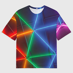 Футболка оверсайз мужская Неоновые лучи разных цветов - Синий, цвет: 3D-принт