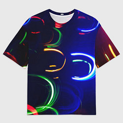 Футболка оверсайз мужская Неоновые волны во тьме - Синий, цвет: 3D-принт
