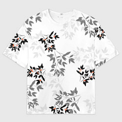 Мужская футболка оверсайз Черные и серые ветки с красными ягодами, паттерн