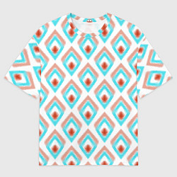 Футболка оверсайз мужская Бирюзовые с рыжим неоновые абстрактные ромбы, цвет: 3D-принт