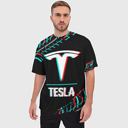 Футболка оверсайз мужская Значок Tesla в стиле Glitch на темном фоне, цвет: 3D-принт — фото 2