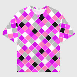 Футболка оверсайз мужская Розовый черный узор в клетку, цвет: 3D-принт