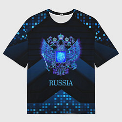 Футболка оверсайз мужская Синий неоновый герб России, цвет: 3D-принт