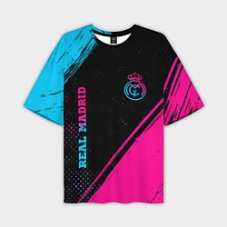 Футболка оверсайз мужская Real Madrid - neon gradient: символ и надпись верт, цвет: 3D-принт