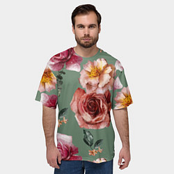 Футболка оверсайз мужская Цветы Нарисованные Розы и Пионы, цвет: 3D-принт — фото 2