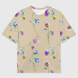 Футболка оверсайз мужская Нарисованные Цветы Колокольчики и Пчёлы, цвет: 3D-принт