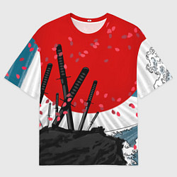 Футболка оверсайз мужская Солнце, волны и катаны, цвет: 3D-принт