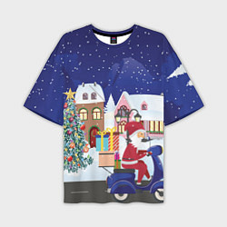 Футболка оверсайз мужская Дед Мороз едет на скутере с подарками в Новогоднюю, цвет: 3D-принт