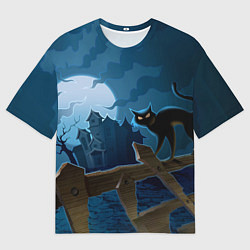 Футболка оверсайз мужская Хэллоуин - чёрный кот на заборе, цвет: 3D-принт