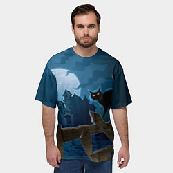 Футболка оверсайз мужская Хэллоуин - чёрный кот на заборе, цвет: 3D-принт — фото 2