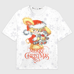 Футболка оверсайз мужская Cute rabbit with kitten, merry Christmas, цвет: 3D-принт