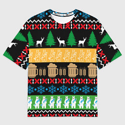 Футболка оверсайз мужская Новогодний узор с пивом, цвет: 3D-принт