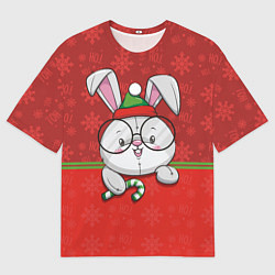 Футболка оверсайз мужская Новогодний зайка в очках, цвет: 3D-принт